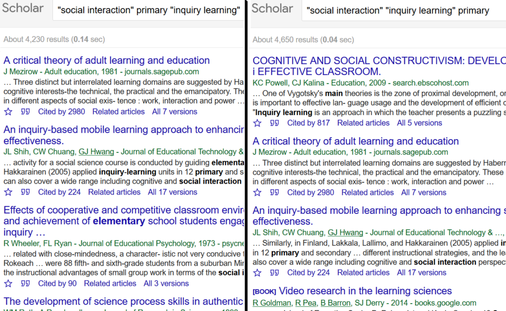 Screen cap: Google Scholar results for same word search, but different order