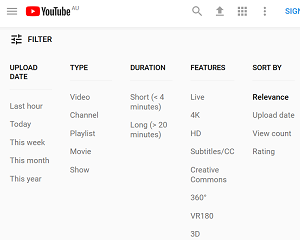 Screen cap of YouTube showing search filters